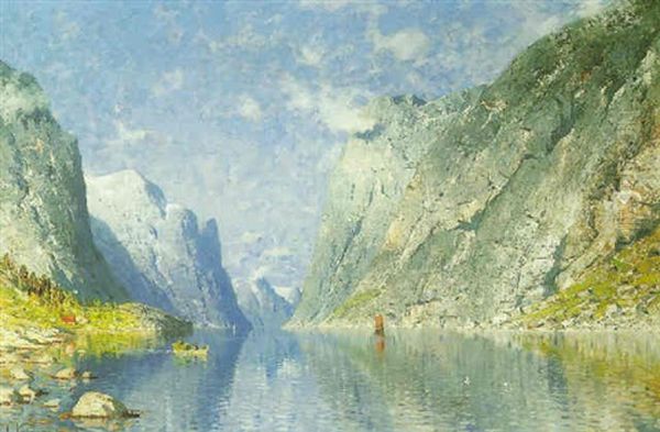 A Fjord Scene Oil Painting by Adelsteen Normann