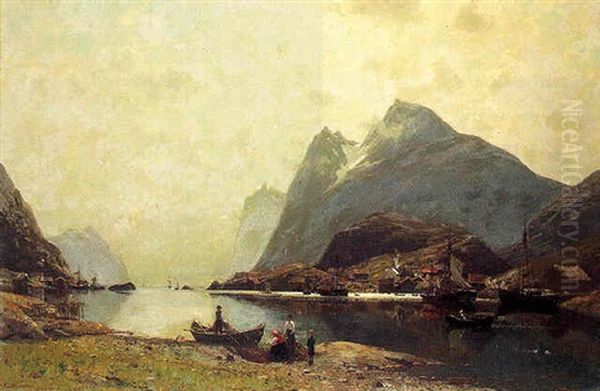 A Fisherman And His Family In A Fjord, Norway Oil Painting by Adelsteen Normann