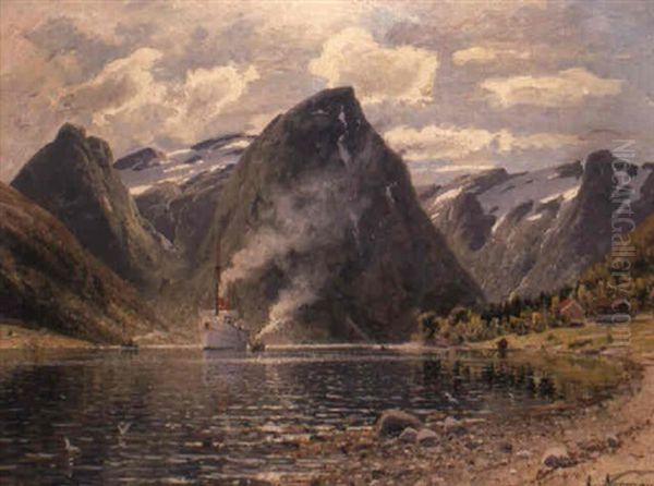 A Fjord Landscape With A Steamer Oil Painting by Adelsteen Normann