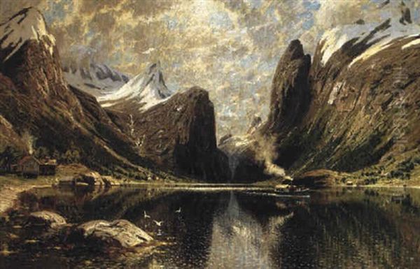 Fjordlandskap Med +ngfartyg Oil Painting by Adelsteen Normann