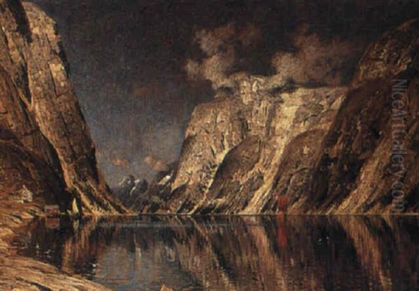 A Fjord Scene Oil Painting by Adelsteen Normann