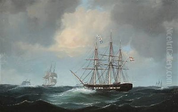 The Corvette Thetis And Three Other Ships In Rough Sea Oil Painting by Emil Vilhelm Normann