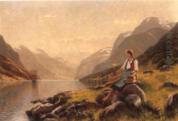 Norsk Fjordparti Med Ung Malkepige Oil Painting by Emil Vilhelm Normann