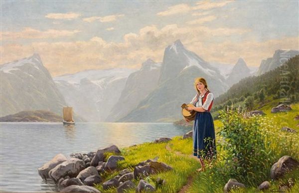 Madchen In Nordischer Tracht Vor Fjordlandschaft Oil Painting by Emma Normann