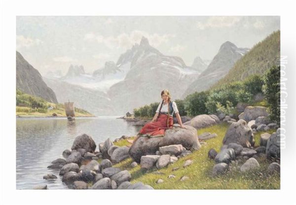 A Beauty On The Banks Of A Norwegian Fjord Oil Painting by Emma Normann