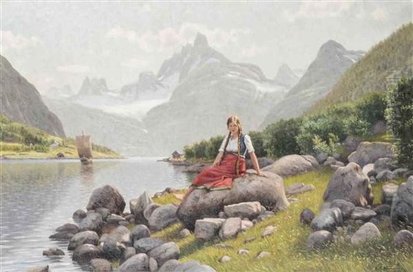 A Beauty On The Banks Of A Norwegian Fjord Oil Painting by Emma Normann