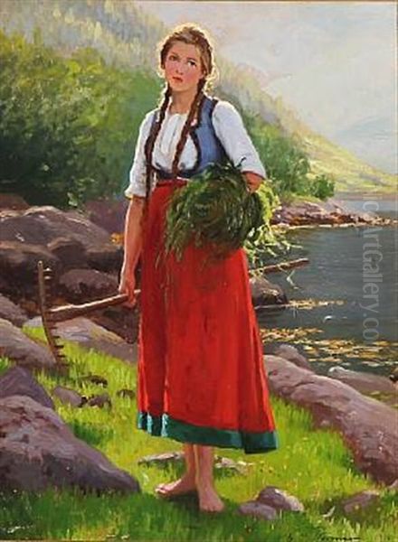 A Peasant Girl With A Rake Oil Painting by Emma Normann