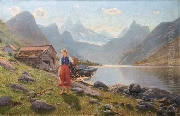 Girl By A Fjord Oil Painting by Emma Normann