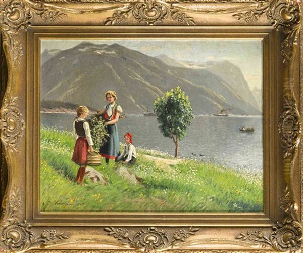 Zwei Madchen Und Ein Junge Am Ufer Eines Norwegischen Fjordes Oil Painting by Emma Normann