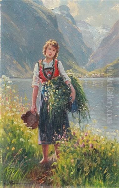 Flicka Gathering In A Fjord Oil Painting by Emma Normann