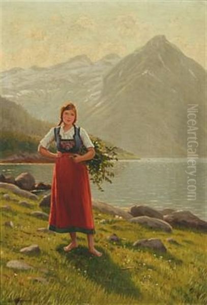 Norwegian Landscape With A Young Woman Oil Painting by Emma Normann