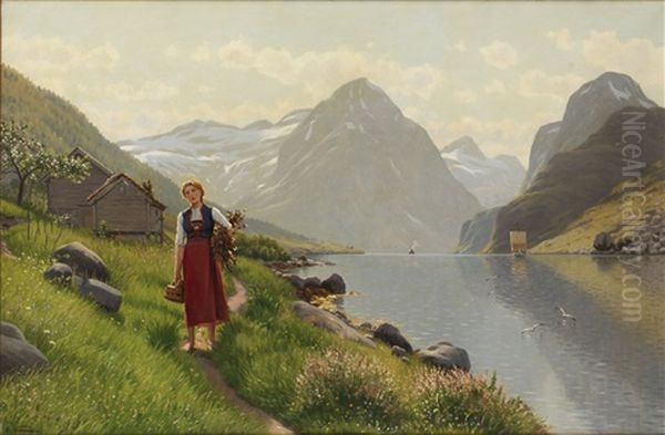 Fjordlandskap Med Flicka Oil Painting by Emma Normann