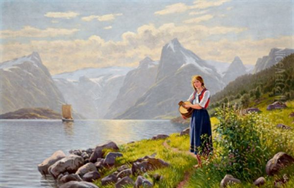 Sonnige Fjordlandschaft, Am Ufer Junge Sennerin Oil Painting by Emma Normann