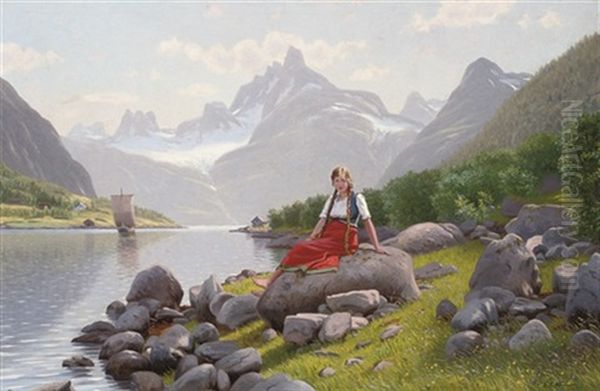 A Beauty On The Banks Of A Norwegian Fjord Oil Painting by Emma Normann