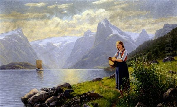 Sonnige Fjordlandschaft; Am Ufer Junge Sennerin Oil Painting by Emma Normann