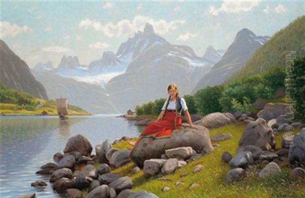 Madchen In Fjordlandschaft Oil Painting by Emma Normann