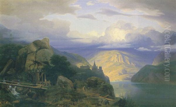 Gebirgslandschaft Mit See Und Burg Oil Painting by Rudolf Von Normann