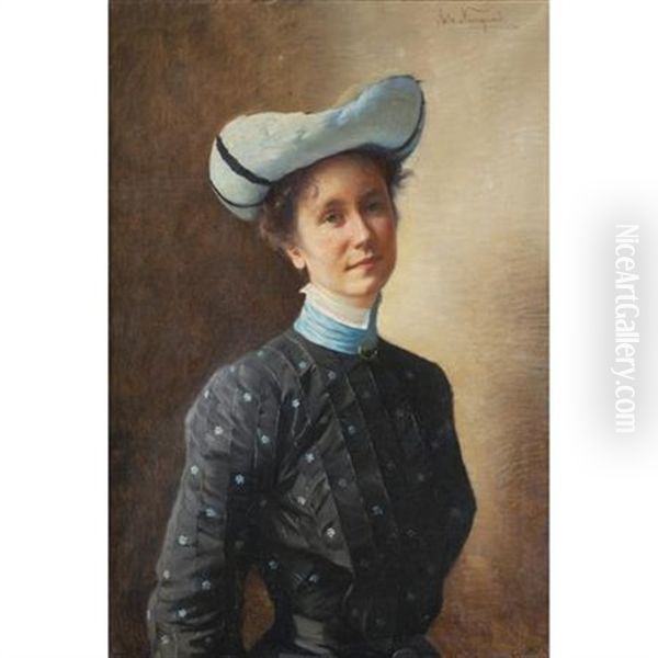 Portrait Of A Lady In A Blue Hat Oil Painting by Asta Carlsen Norregaard