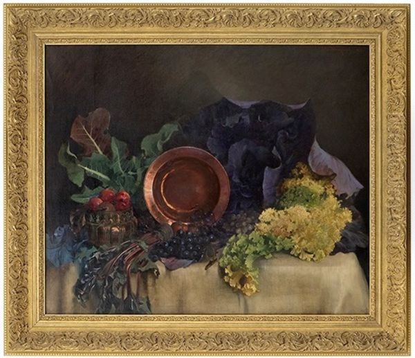 Arrangement With Copper Plate, Vegetables And Fruit Oil Painting by Asta Carlsen Norregaard