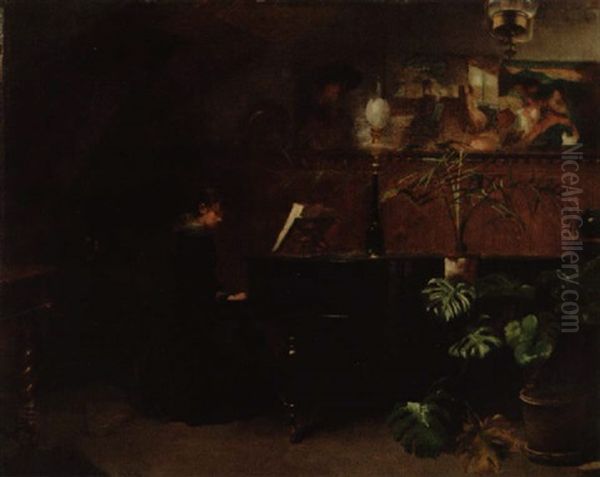 Interior Med Kvinne Ved Piano Oil Painting by Asta Carlsen Norregaard