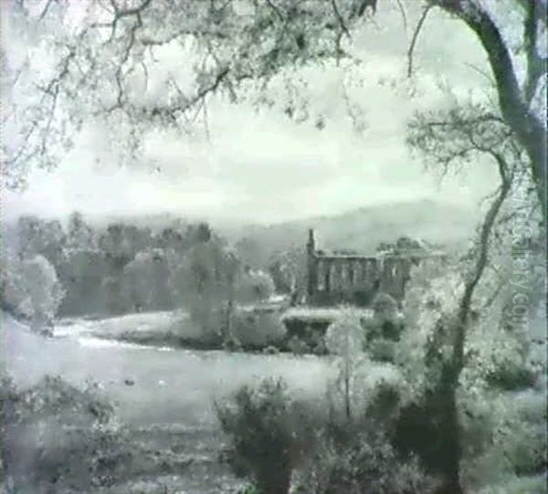 Pastoral Landscape With Sheep Grazing In A Meadow With      Ruines Of An Abby Beyond Oil Painting by John William North