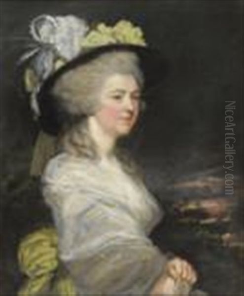 Portrait Of Mrs Frederick, Half Length, Wearing A Cream Lace Dress Decorated With Yellow Flowers Oil Painting by James (Thomas J.) Northcote