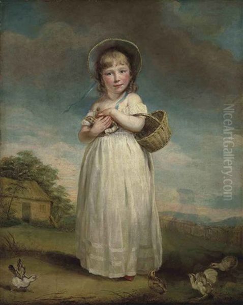 Portrait Of Harriet Bailey Foster, Later Mrs Charles Kennett, In A White Dress And Bonnet, Holding A Basket And A Chick, In A Rural Landscape Oil Painting by James (Thomas J.) Northcote