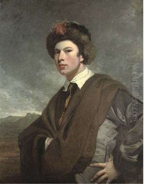 Portrait Of A Young Man In A Grey Coat, Brown Cloak And Fur Trim Hat With Feather Oil Painting by James (Thomas J.) Northcote