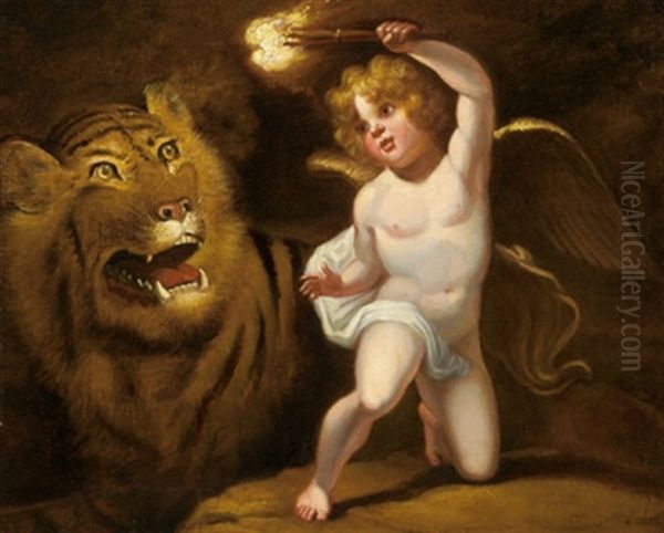 Ein Putto Mit Brennender Fackel Beschwort Einen Tiger Oil Painting by James (Thomas J.) Northcote