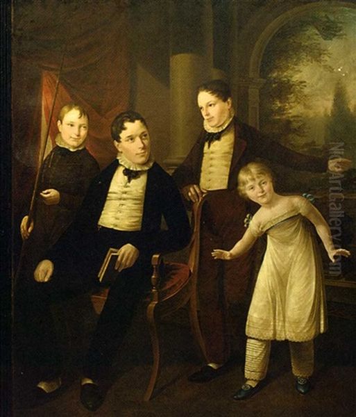 Group Portrait Of Four Children, One Seated With A Book And One With A Fishing Rod, In An Interior With A Terrace Beyond Oil Painting by James (Thomas J.) Northcote