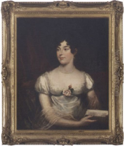 Portrait Of A Lady In A White Dress Holding A Book, Before A Red Curtain Oil Painting by James (Thomas J.) Northcote