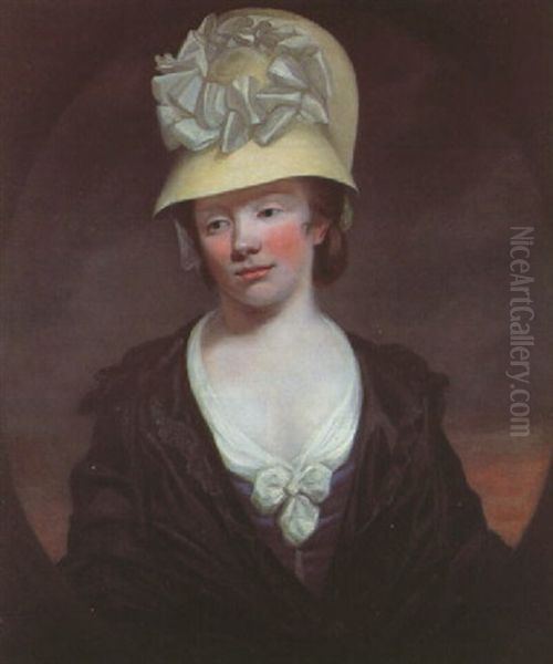 Portrait Of A Lady (margaret Joy?) In A Blue Dress, Black Shawl, And Yellow Bonnet Oil Painting by James (Thomas J.) Northcote