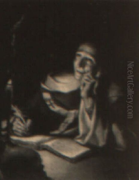 St. Jerome Scribing By Candlelight Oil Painting by James (Thomas J.) Northcote