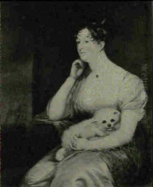 Portrait Of Anne Warrington, Seated Three-quarter Length,   Wearing A Cream Dress And Blue Shawl, A Dog On Her Lap, A Oil Painting by James (Thomas J.) Northcote