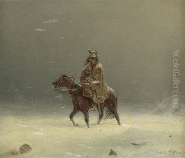 Reiter Mit Kind In Einer Winterlandschaft Oil Painting by Adolf Northen