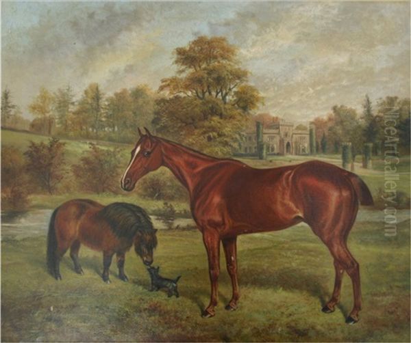 A Bay Hunter With A Pony And A Terrier In A Park By A 