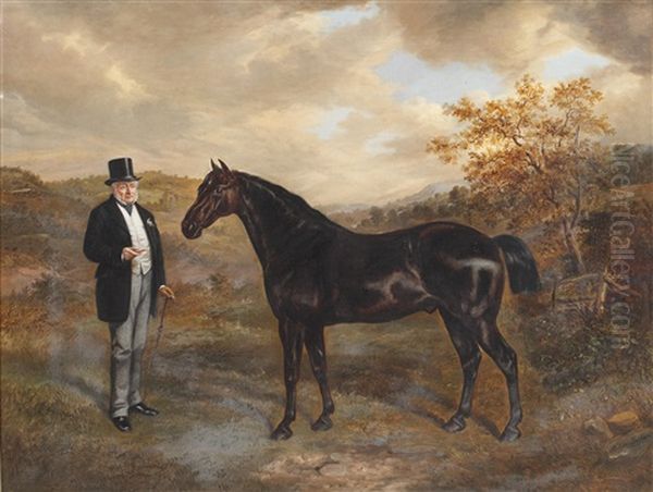 A Gentleman And His Black Hunter In A Landscape Oil Painting by Benjamin Cam Norton