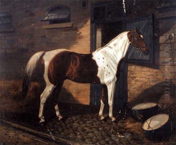 A Skewbald Light Drum Horse By Drums In A Stableyard Oil Painting by Benjamin Cam Norton