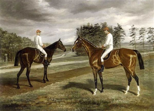 Two Horses And Jockeys On A Heath Oil Painting by Benjamin Cam Norton