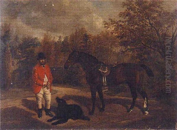 A Gentleman (a Member Of The Potter Family?) Standing With A Bay Hunter And Favourite Hound In A Garden Landscape Oil Painting by Benjamin Cam Norton