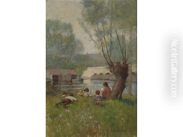 Children Fishing On A River Bank Oil Painting by Louis D. Norton