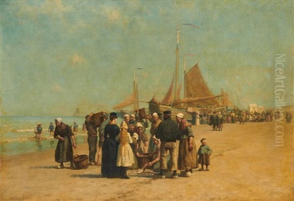 Fish Sale On The Beach, Schevinger Oil Painting by William Edward Norton