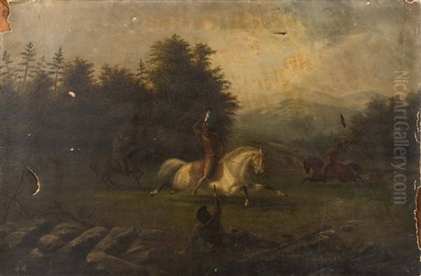 American Natives On Horseback Engaged In A Battle With Settlers Oil Painting by William Edward Norton