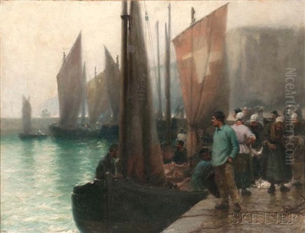 Bustling Fishing Port Oil Painting by William Edward Norton