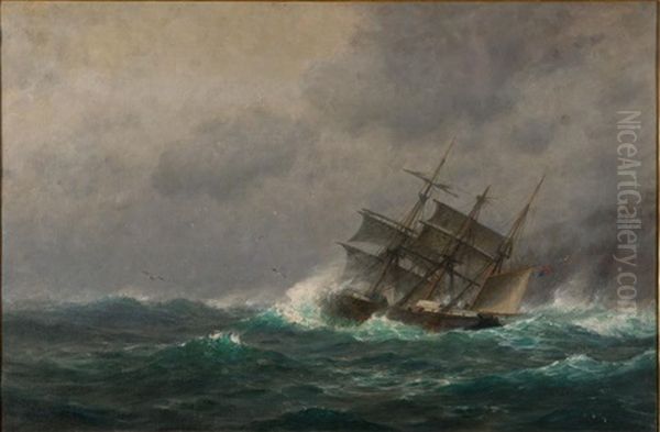 Ship In Stormy Waters Oil Painting by William Edward Norton