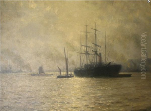 Vessels In Evening Light, Possibly Boston Harbour Oil Painting by William Edward Norton