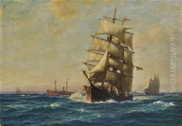 A Clipper Ship In Full Sail In The New York Harbor, With American Flags Flying And With Other Vessels In The Distance Oil Painting by William Edward Norton