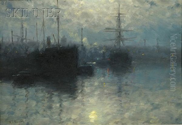 Boston Harbor, Moonlight Oil Painting by William Edward Norton