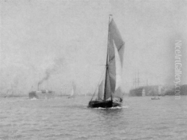 Sail And Steam - A Bustling Harbor View Oil Painting by William Edward Norton