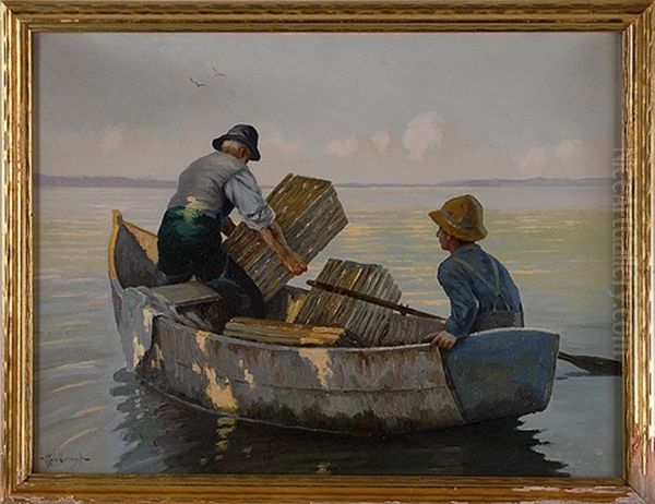 Father And Son In A Dory Setting Traps Oil Painting by Chester K. Van Nortwick